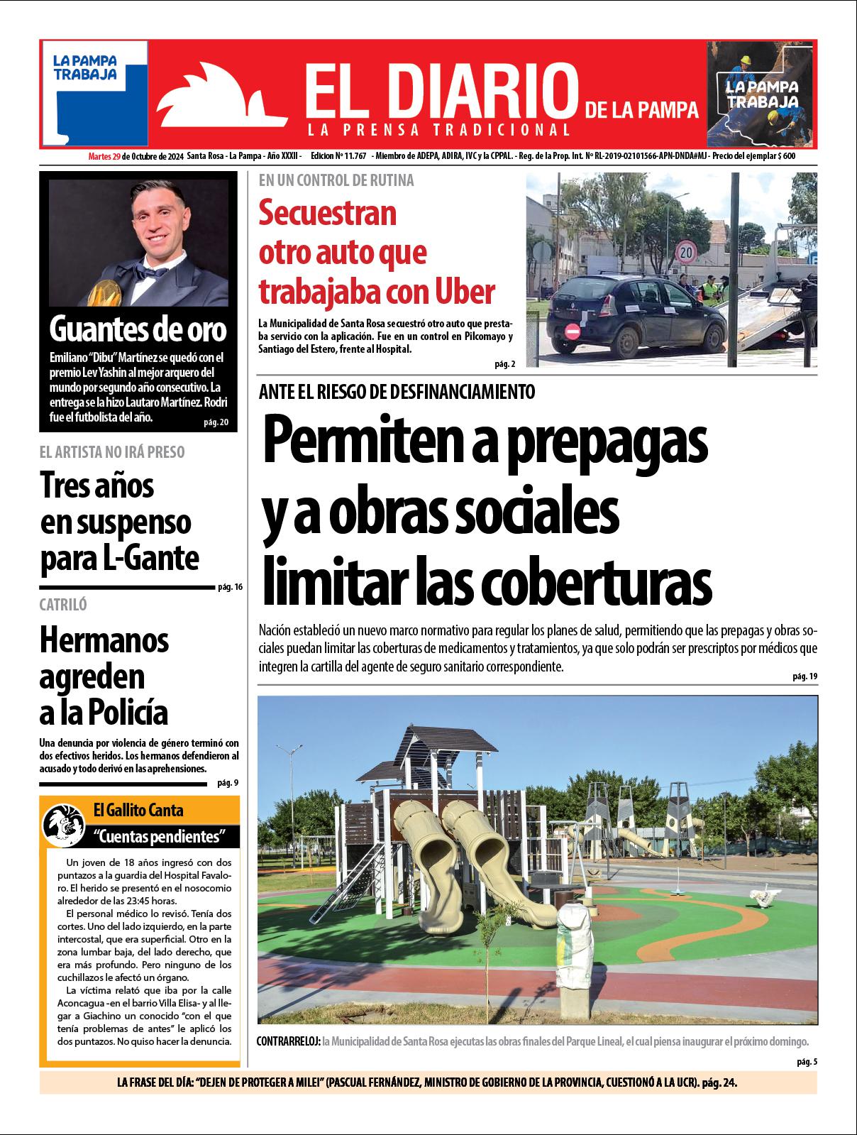 Tapa de El Diario en papel  martes 29 de octubre de 2024